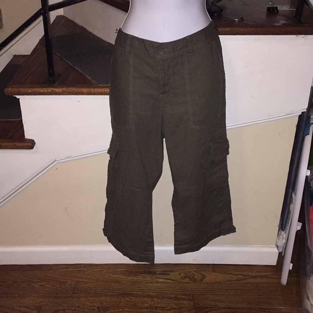 Olive green linen cargo capris